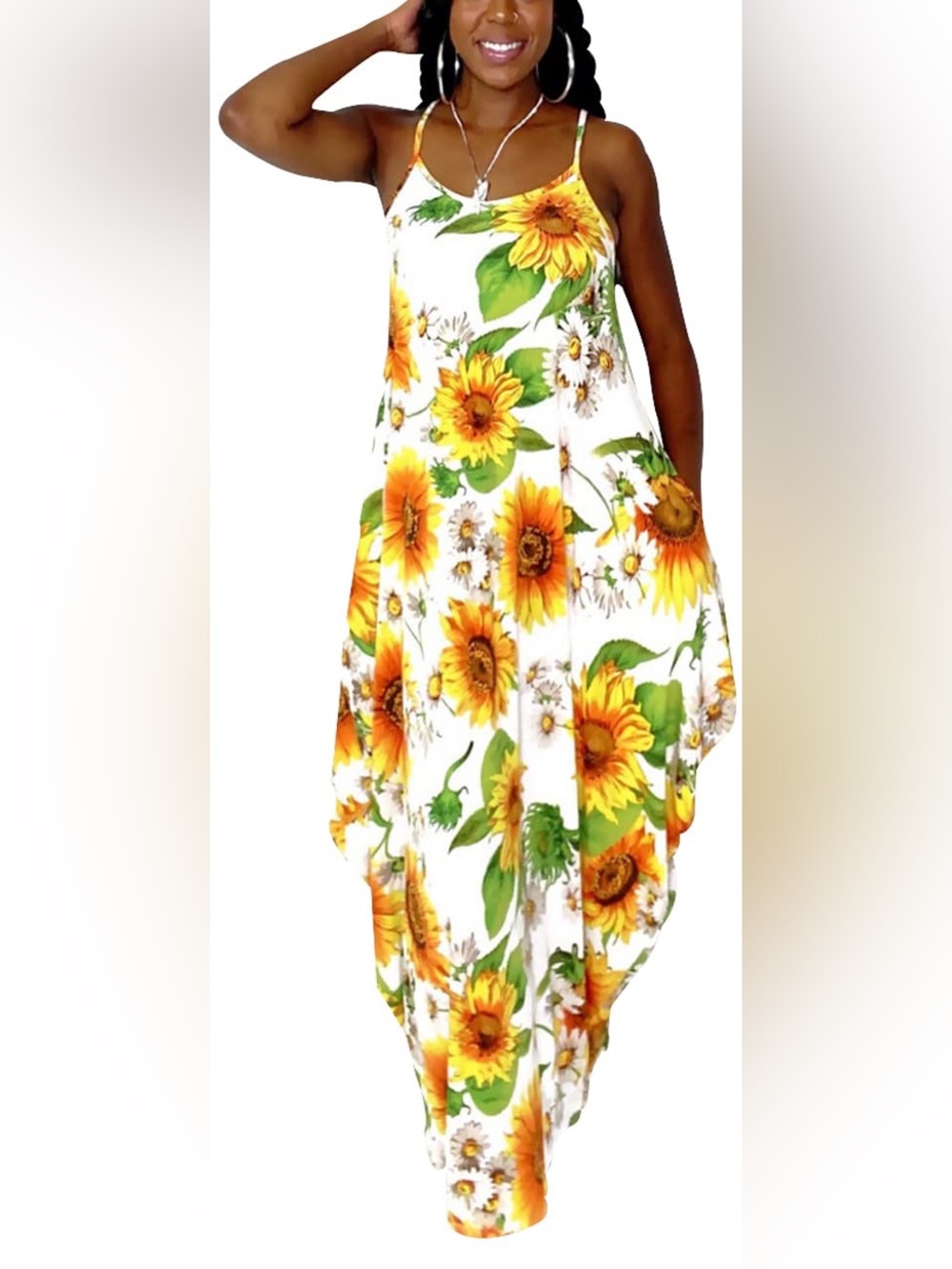 Sunflower Print Maxi Dress - White/Yellow